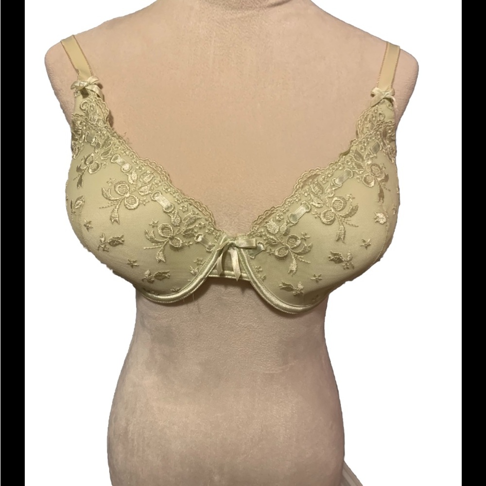 Q-T Intimates Spring Green T Shirt Bra Floral Lace Overlay Underwire Lined 38D